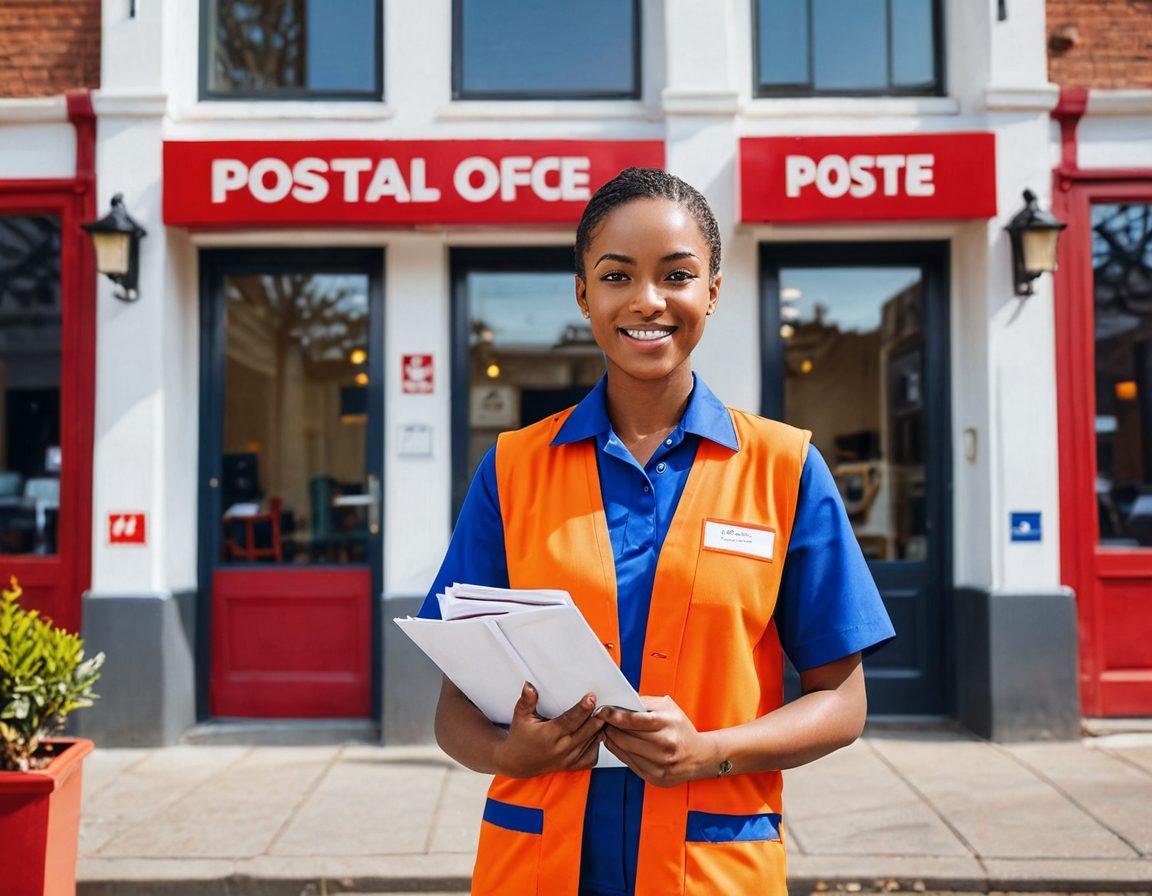 A confident young postal worker in a vibrant uniform, standing proudly in front of a post office building adorned with iconic postal symbols. An open book and a laptop lie on a nearby table, symbolizing resources for career development. The background features uplifting visuals of postal routes and diverse happy customers. Bright sunlight casts warm tones, creating an inviting atmosphere. super-realistic. vibrant colors. white background.