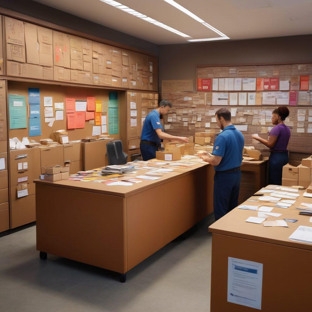 A bustling postal office with diverse postal workers engaged in various tasks, highlighting modern job roles and teamwork. Include a bulletin board showcasing job listings and insights related to postal employment, surrounded by items like letters, packages, and postal technology. Capture an atmosphere of opportunity and collaboration through warm lighting and inviting colors. super-realistic. vibrant colors. 3D.